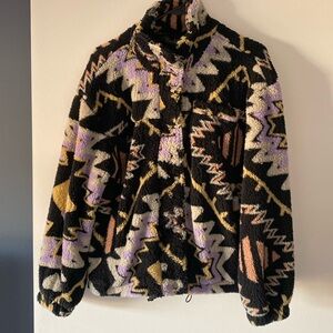Graphic fuzzy jacket, purple, black, gold design